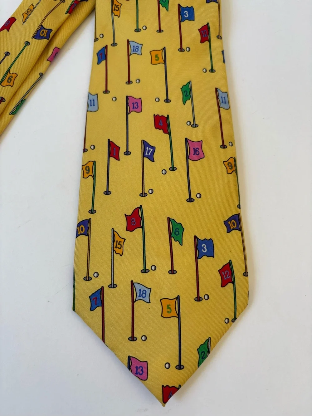 Alynn Neckwear Silk Tie Yellow 18 Hole Course Novelty Print HandMade Gag Golf